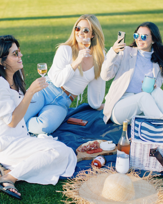 Women drinking wine on a picnic blanket