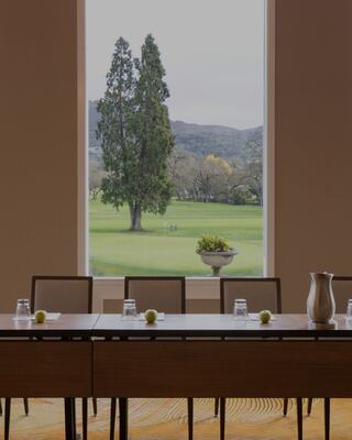 Long Table with a view of the golf course and hills in Napa Valley