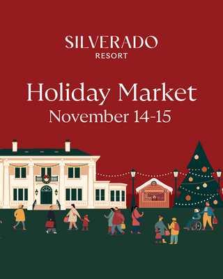 A festive scene featuring a holiday market with a decorated mansion, a Christmas tree, and cheerful people celebrating on November 14-15.