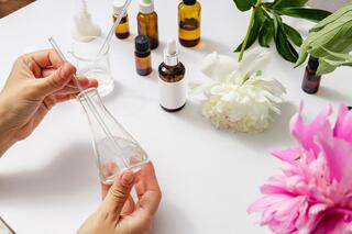 peonies and aromatherapy jars