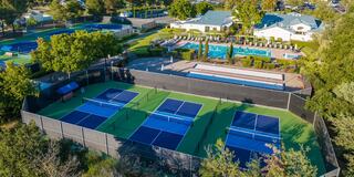aerial image of the pickleball courts, bocce courts and lap pool
