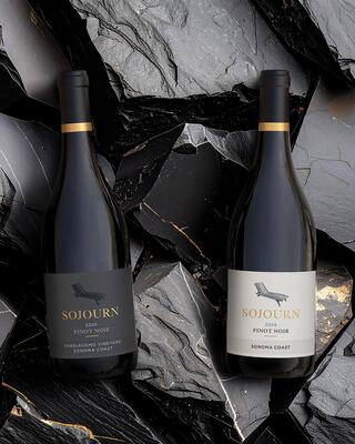 Two Sojourn Pinot Noir bottles from the 2024 vintage, set against a textured black and gold backdrop. Elegant and sophisticated presentation.