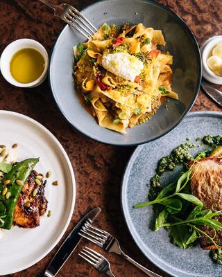 Gourmet Plated Food with Silverware at a Napa Restaurant Grill