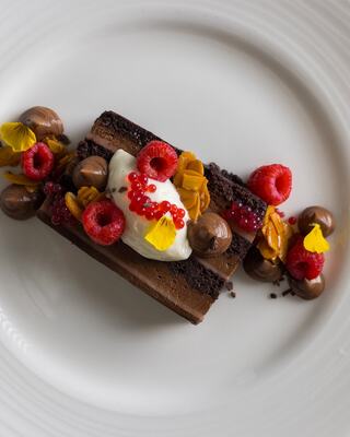 A Slice of Layered Chocolate Cake with Garnish