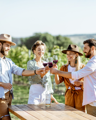 Young adults drinking wine outside with mountain views in the background