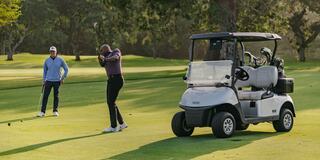 Two Male Golfers on a Golf Course Next to a Golf Cart